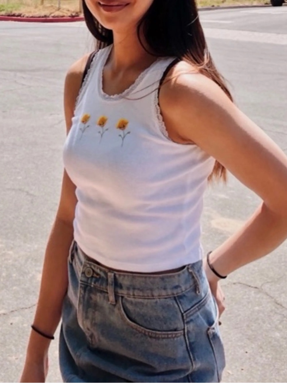 Brandy Melville White Tank Top with Yellow Floral Embroidery
